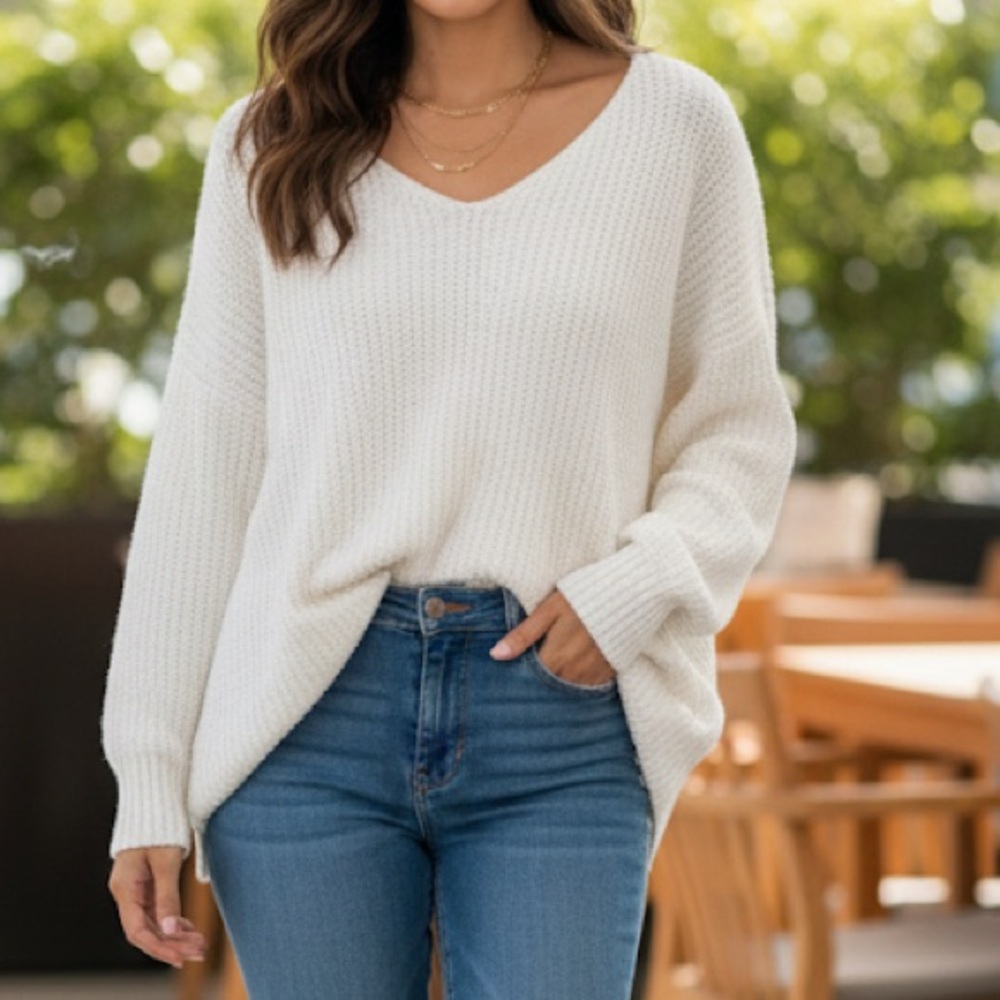 a.n.a Cream and Metallic Gold Knit Sweater- Large